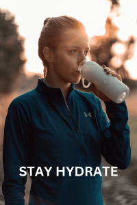 A woman drinking water from a white cup