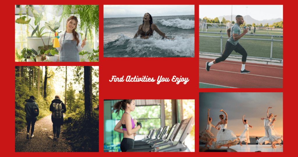 a collage with different types of exercises, gardening, swimming, walking running, and dancing