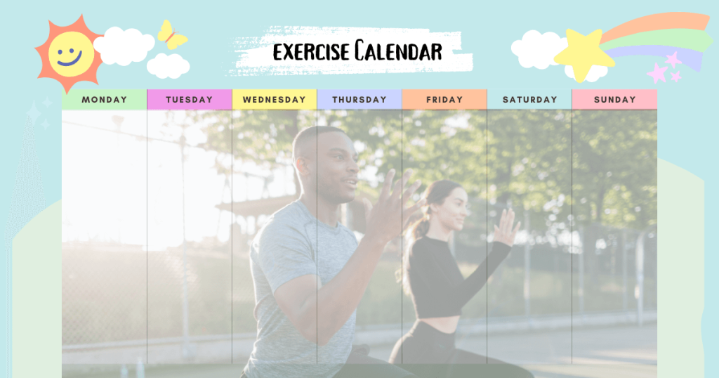 weekly exercise calendar with a picture of two people exercise