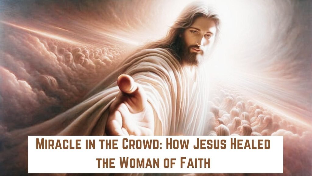Jesus healed kneeling woman in crowd.