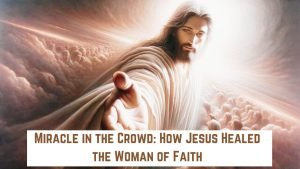 Jesus healed kneeling woman in crowd.