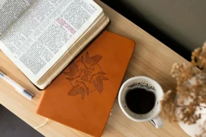 An open Bible, a journal with 'Don't rush the Holy Spirit,' a pen, and a cup of coffee on a wooden table create a serene setting for learning how to start reading the Bible
