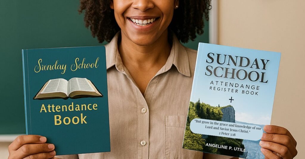 African American Sunday school teacher holding two attendance register books in a classroom