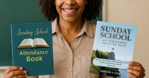 African American Sunday school teacher holding two attendance register books in a classroom
