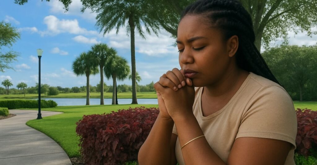 Woman praying outdoors, seeking guidance on how to pray when you don’t know what to say, with a peaceful park and lake in the background.