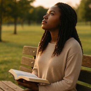 A Black woman sits on a park bench at sunrise holding an open Bible and looking toward the sky, reflecting faith, hope, and trust when God seems silent.