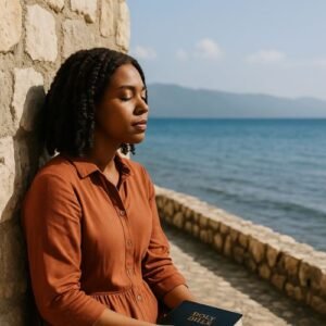A Black woman sits peacefully by the sea with her eyes closed and a Bible in her hands, symbolizing faith, patience, and prayer when God seems silent.