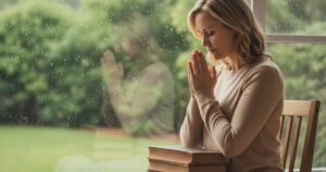 A woman prays quietly near a window, hands clasped, symbolizing faith, patience and hope during difficult times.