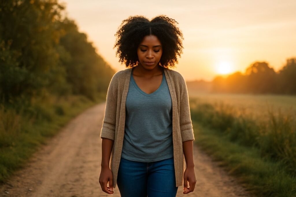 A Black woman walking along a peaceful path at sunrise, symbolizing how God carries you through a difficult season.